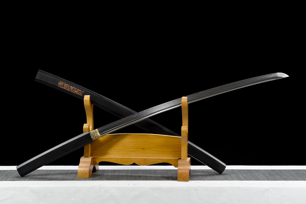100% Handmade Sword - Fully Functional Samurai Katana Sword, Sharp 1045 Carbon Steel Blade, Hand Forged Clay Tempered, Full Tang, Black Scabbard, Certificate