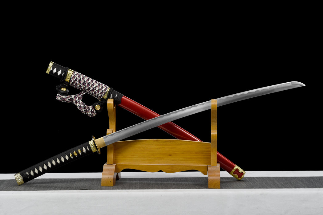 50" 100% Handmade Sword - Fully Functional Samurai Katana Sword, Sharp 1045 Carbon Steel Blade, Hand Forged Clay Tempered, Full Tang, Black Scabbard, Certificate