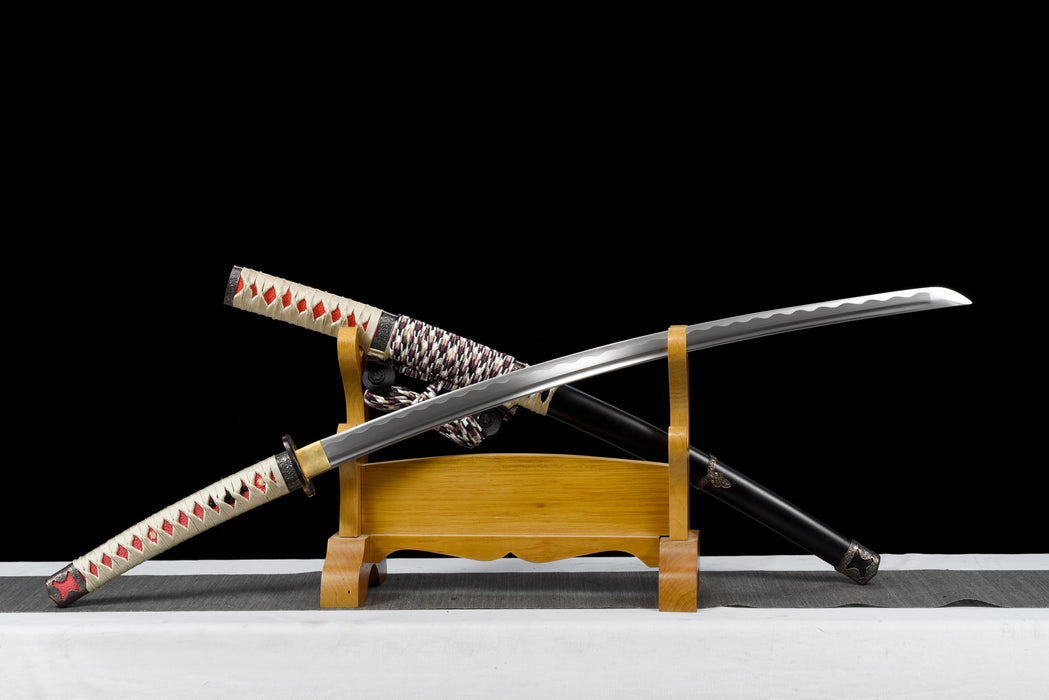 100% Handmade Sword - Fully Functional Samurai Katana Sword, Sharp 1045 Carbon Steel Blade, Hand Forged Clay Tempered, Full Tang, Black Scabbard, Certificate